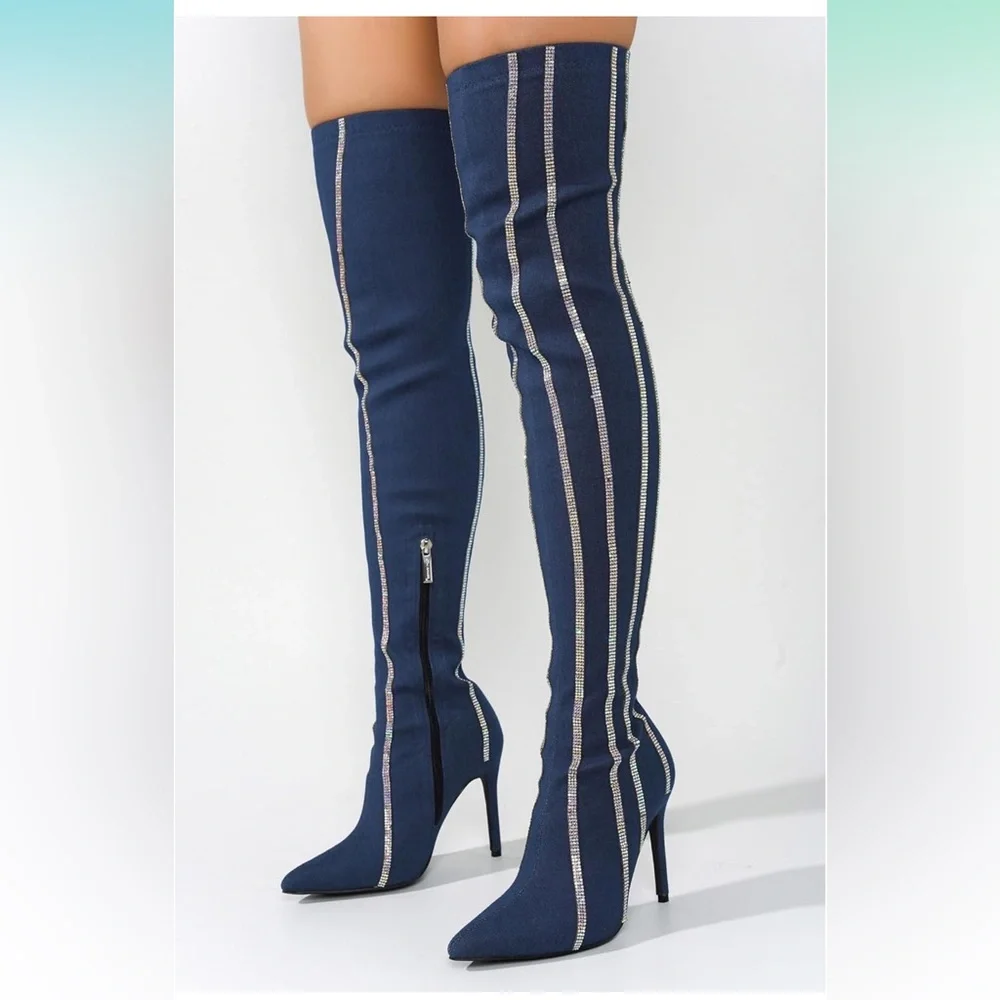 NWOT • Cape Robbin • Hidenim Rhinestone Thigh High Stiletto Boots • Size 6.5 💙🩶